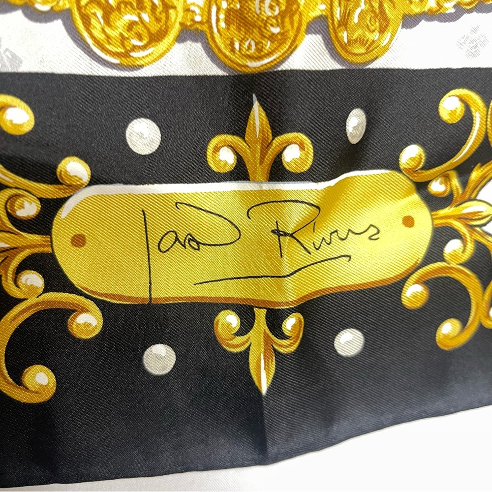 Vintage Joan Rivers 100% Silk Scarf‎ | Black Gold Baroque Jewelry Print Square - Picture 4 of 12